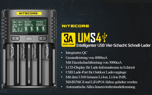 Nitecore UMS4 - intelligentes Ladegerät für Li-Ion, LiFePo4, Ni-MH, Ni-CD Akkus