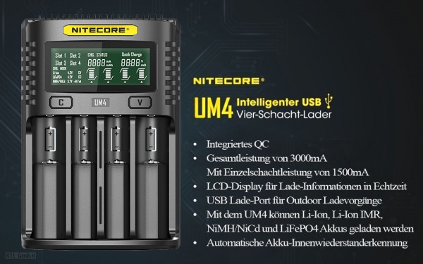 Nitecore UM4 - intelligentes Ladegerät für Li-Ion, LiFePo4, Ni-MH, Ni-CD Akkus