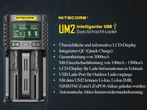 Nitecore UM2 - intelligentes 2 - Schacht USB Ladegerät für Li-Ion, LiFePo4, Ni-MH, Ni-CD Akkus