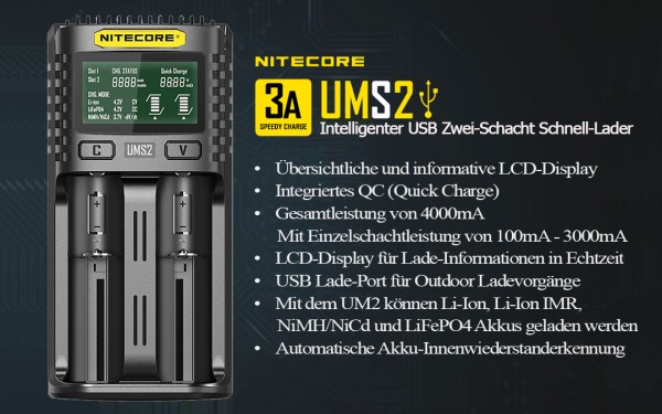 Nitecore UMS2 - intelligentes 2 - Schacht USB Ladegerät für Li-Ion, LiFePo4, Ni-MH, Ni-CD Akkus